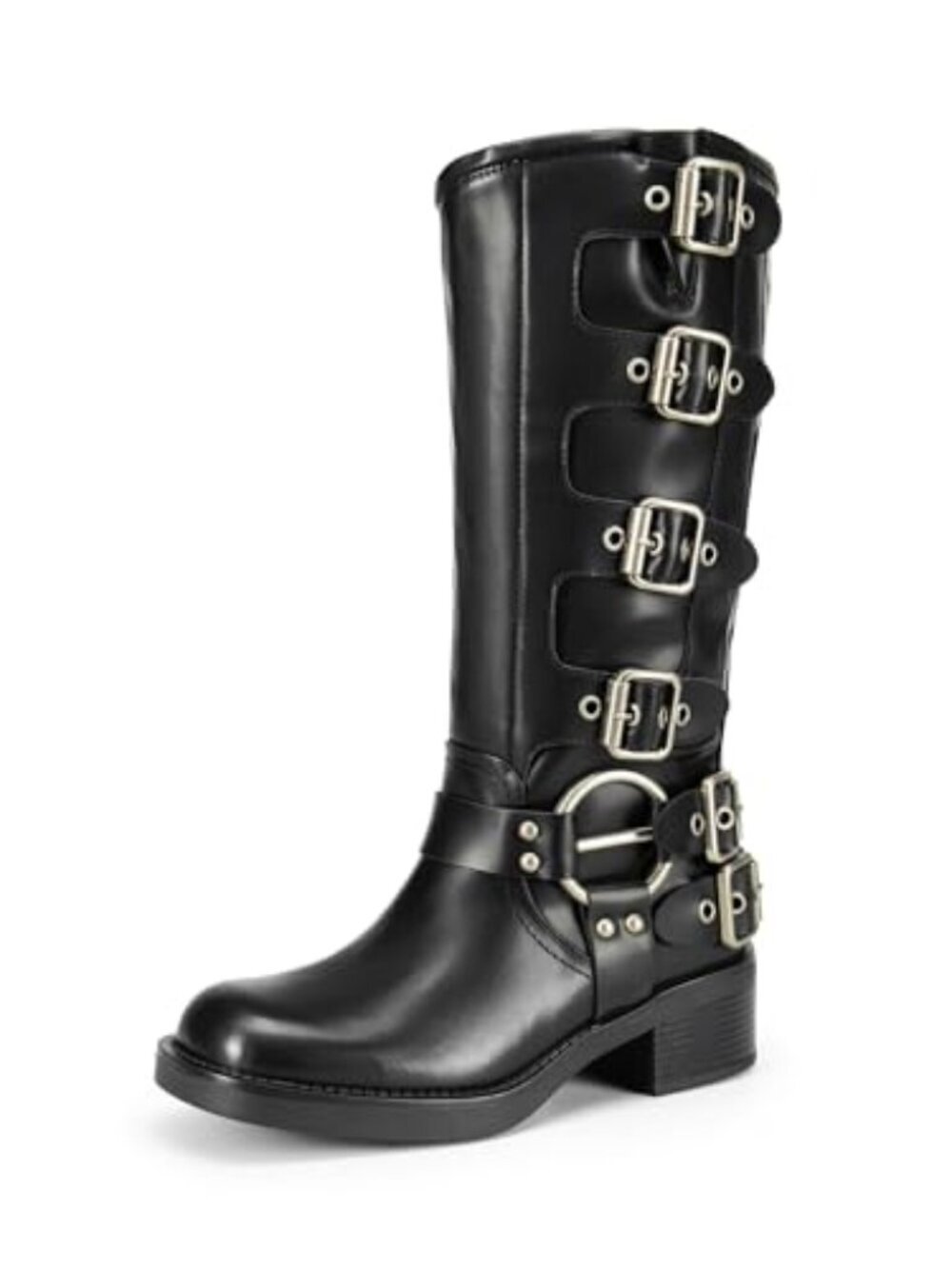 🆕 Women's Knee High Buckle Boots Motorcycle Biker Boots Square Toe Chunky Mid